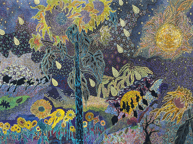 Tallulah Nunez nz abstract art, Sunflowers and Sunbursts, Acrylic and Indain ink on board